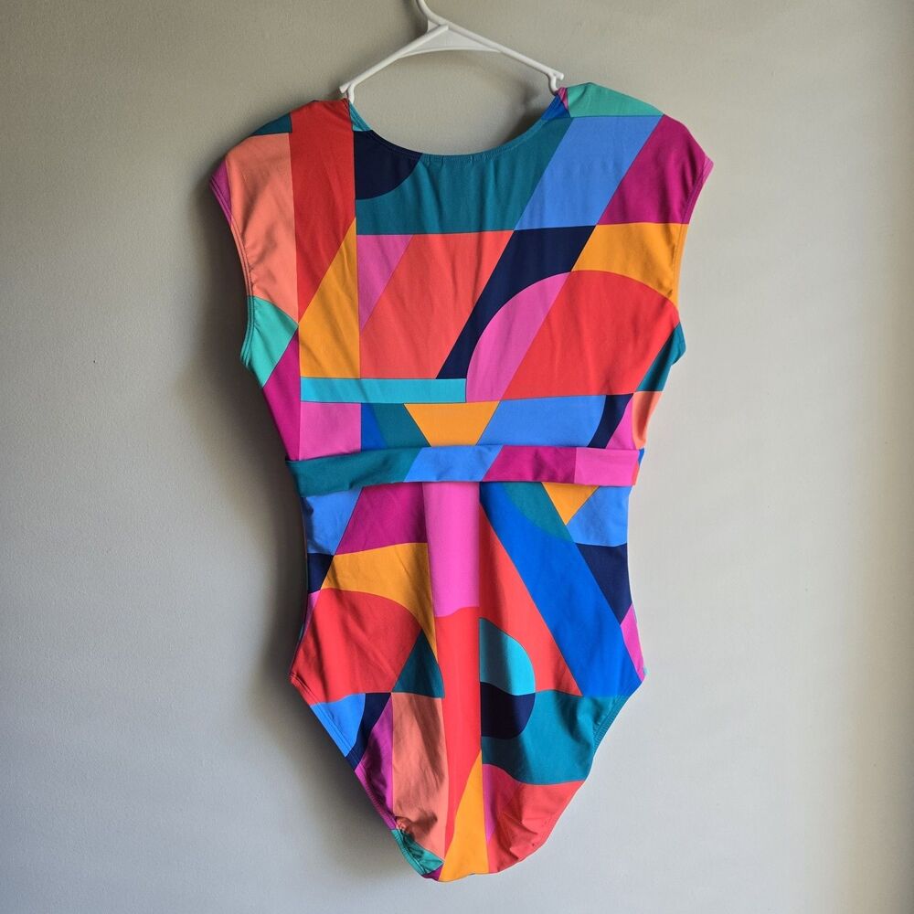 Bleu Rod Beattie Swimsuit Size 10 Onepiece Deep V Neck Colorful Abstract - Picture 2 of 6
